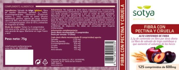 Fibra con Pectina y Ciruela (125 Comprimidos de 600mg. Peso neto 75g.)