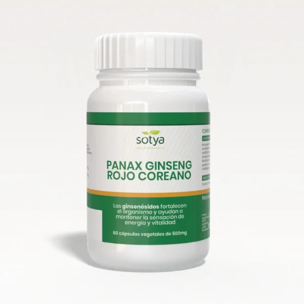Suplemento Panax Ginseng Rojo Coreano SOTYA (60 cápsulas, 500mg) para aumentar energía, reducir fatiga y regular el azúcar en sangre.