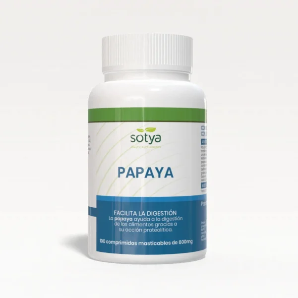 Suplemento Papaya SOTYA (100 comprimidos masticables, 600mg) con papaína y bromelaína para mejorar la digestión y la salud intestinal.