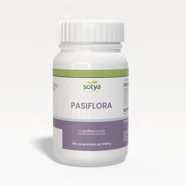 Suplemento de Pasiflora SOTYA (100 comprimidos, 500mg) con propiedades sedantes, antiespasmódicas y somníferas para el alivio del estrés y la mejora del sueño.