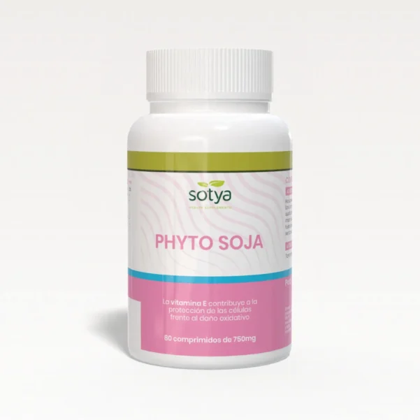 Suplemento Phyto Soja SOTYA (80 comprimidos, 750mg) con isoflavonas de soja, flavonoides cítricos y levadura de cerveza para aliviar síntomas de la menopausia y mejorar la salud cardiovascular.