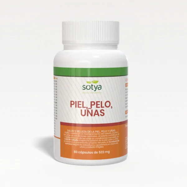 Suplemento Piel, Pelo, Uñas SOTYA (60 cápsulas, 522mg) con colágeno, cola de caballo y levadura de cerveza para mejorar piel, cabello y uñas.