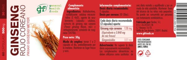 Ginseng Rojo Coreano (60 Cápsulas de 500mg. Peso neto 30g.)- GHF