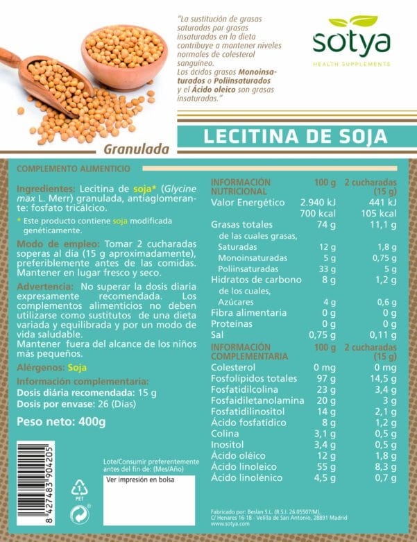 Lecitina de Soja (Bolsa granulada de 400g.)