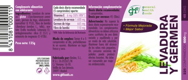 Levadura y Germen (225 Comprimidos de 600mg. Peso neto 135g.)- GHF