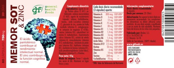 MemorSOT&Zinc (60 Cápsulas de 750mg. Peso neto 45g.)- GHF