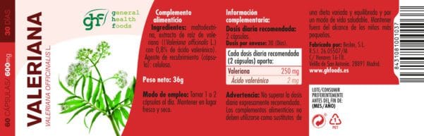 Valeriana (60 Cápsulas de 600mg. Peso neto 36g.)- GHF