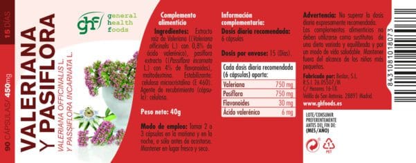 Valeriana y Pasiflora (90 Cápsulas de 450mg. Peso neto 40g.)-GHF
