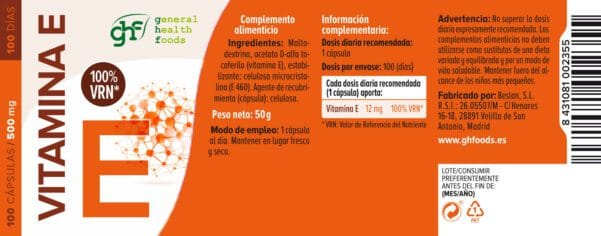 Vitamina E (100 Cápsulas de 500mg. Peso neto 50g.)-GHF