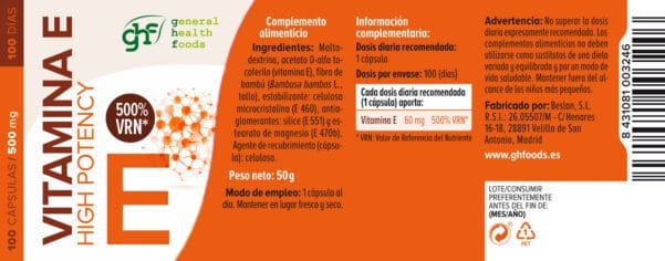 Vitamina E High Potency (100 Cápsulas de 500mg. Peso neto 50g.)- GHF